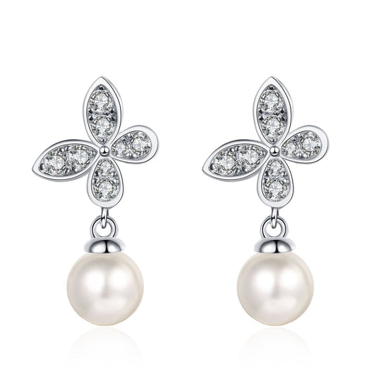 Elegante Perlen-Ohrringe 925 Sterling Silber mit Moissanit-Steinchen
